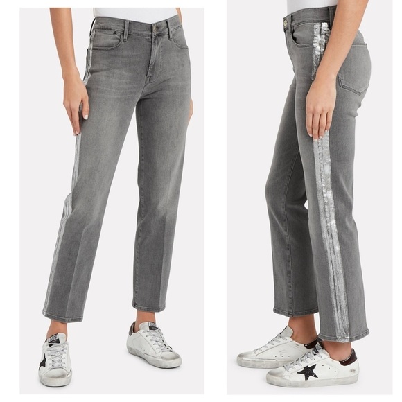 Frame Denim Le High Straight Metallic Silver Foil Tux Jeans Grey Size 25 NEW - Picture 3 of 13